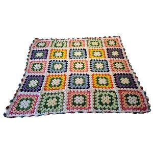 VTG Multicolored Granny Square Handmade GrannyCore Blanket Throw 38x38 Cottage